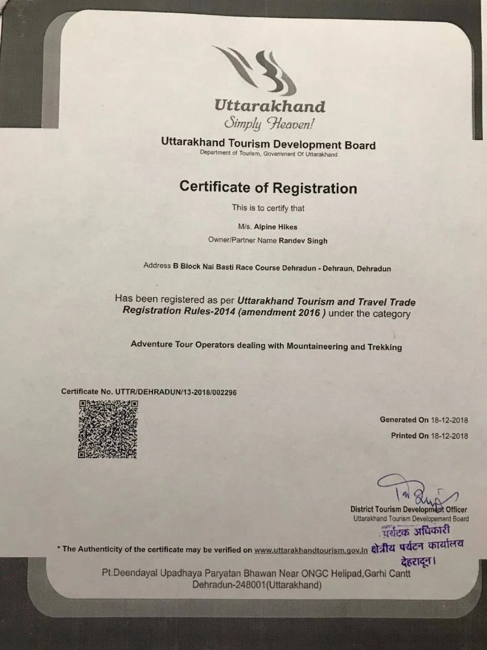 Alpine Hikes Uttarakhand Tourism registration certificate